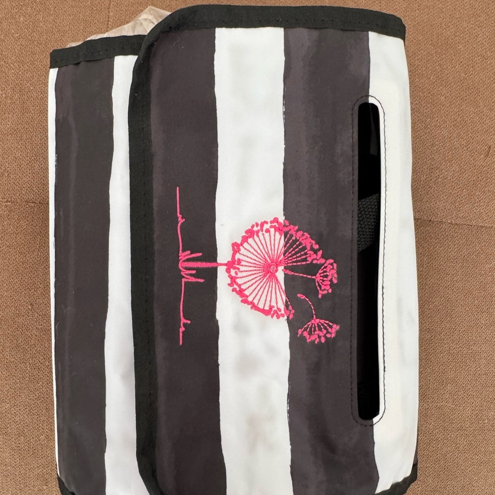 Black and White Striped Rolling make up Bag with Pink Embroidery